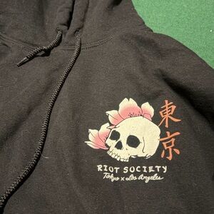 Riot Society Black Hoodie with Skull and Pink Floral Art